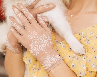 Mahendi white women gloves, fake tattoo gloves, nylon gloves