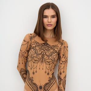 Fly Tattoo Illusion Bodysuit for Women | Sheer Mesh Long Sleeve Top | Festival, Rave, Statement Fashion