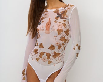 Women Bodysuit LUCK. See Through Bodysuit for Woman. Long Sleeve Fishnet Body Suit. Bathing Suit for Pool Party. Transparent Bodysuit.