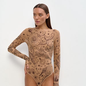 Water Essence Tattoo Bodysuit | Sheer Long Sleeve Bodysuit | Mesh See-Through Top for Women | Edgy Festival Outfit