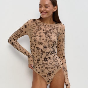 Air Essence Tattoo Bodysuit | Sheer Long Sleeve Bodysuit | Mesh See-Through Top for Women | Edgy Festival Outfit