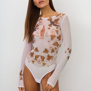 Women Bodysuit LUCK. See Through Bodysuit for Woman. Long Sleeve Fishnet Body Suit. Bathing Suit for Pool Party. Transparent Bodysuit.