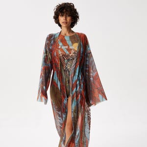 Zebra Sheer Mesh Maxi Kimono Cover-Up for Women | Long Beach Tunic | Boho Summer Robe | See-Through Swim Cover-Up for Pool & Vacation