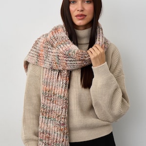 Oversized Wool Scarf - White-Brown Chunky Wrap - 168cm Length - Winter Essential - Trendy Alpaca Blend. Knitted Scarf. Giant Scarf