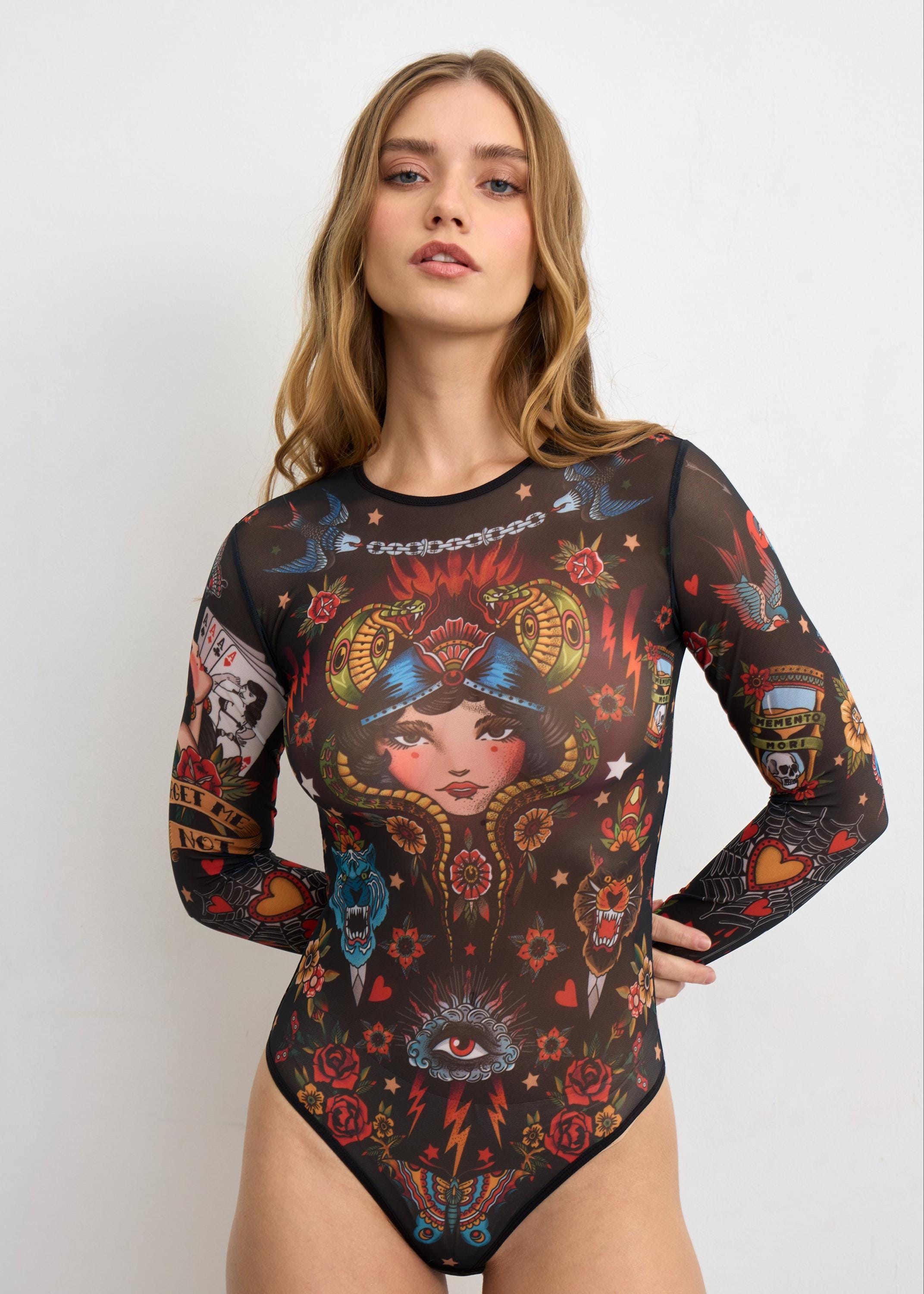 Tattoo Print Mesh Bodysuit - Italian See-Through Long Sleeve