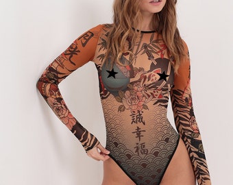 Body en maille tatouée East pour femme – Body transparent à manches longues | Coupe culotte classique | Tenue de festival | Robe body haut de gamme