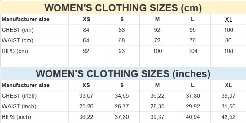 Peut inclure: Un tableau montrant les tailles de v&ecirc;tements pour femmes en centim&egrave;tres et en pouces. Le tableau comprend les tailles XS, S, M, L et XL. Les mesures sont fournies pour la poitrine, la taille et les hanches.