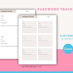 Śledzenie haseł, Organizator haseł, Dziennik haseł, Wydrukowany plik PDF i Edytowalny szablon Canva