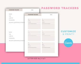 Password Tracker, Password Organizer, Password Log, Printable PDF and Editable Canva Template