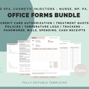 MedSpa Office-Formulare, Passwörter, Rechnungen, Zitat, Richtlinien, Kreditkartenautorisierung, bearbeitbar, druckbar, Canva-Vorlage