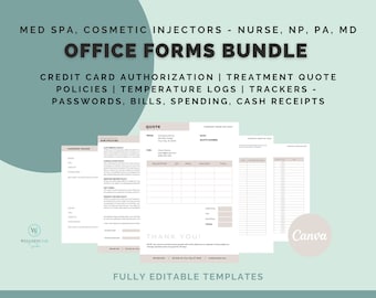 MedSpa Office Forms, Passwords, Bills, Quote, Policies, Credit Card Authorization, Editable, Printable, Canva Template