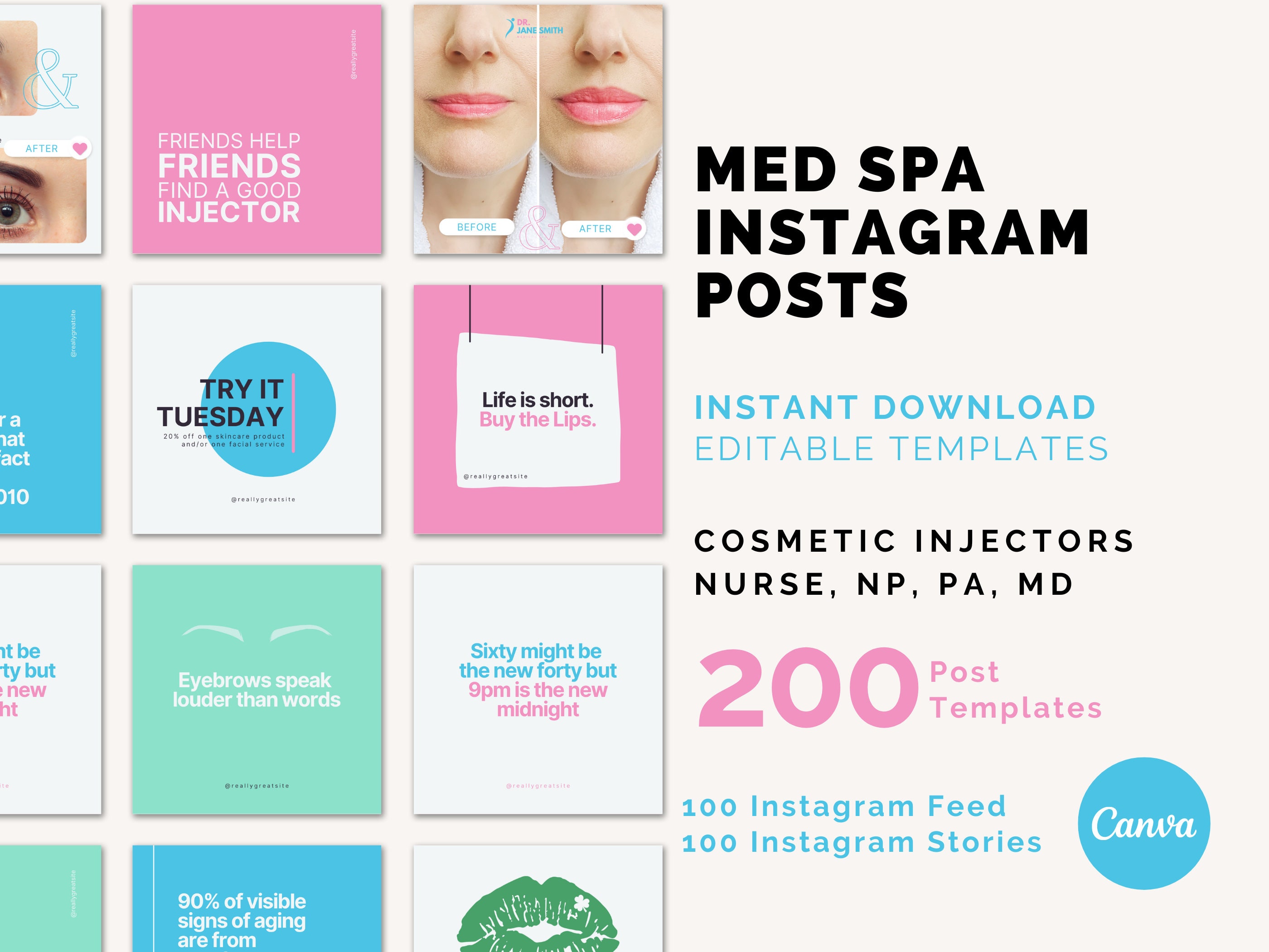 Medspa Instagram Posts, Bright Colors, Editable or Ready to Use Posts ...