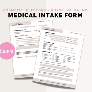 Medical History Form, Patient Health History, Aesthetics, Injectables, MedSpa, Printable, Canva Template