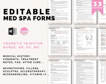 Editable MedSpa Forms, Medical History, Consent, Treatment Record, Botox, Fillers, Sculptra, Sclerotherapy, IV, Printable, Canva Template