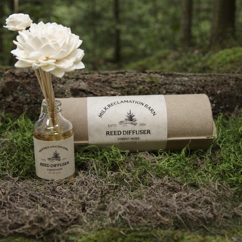 Puede incluir: Un frasco difusor de varillas de vidrio transparente con una etiqueta beige que dice Milk Reclamation Barn Estd 2016 Reed Diffuser Forest Moss, con flores de madera blancas. A su lado hay un tubo de cart&oacute;n cil&iacute;ndrico con la misma etiqueta.