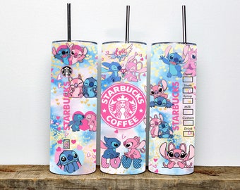 Stitch Pink and Blue Starbucks Tumbler with Lid and Straw-Lilo and Stitch Tumbler-Custom Starbucks Tumbler | Custom Tumbler | Skinny Tumbler