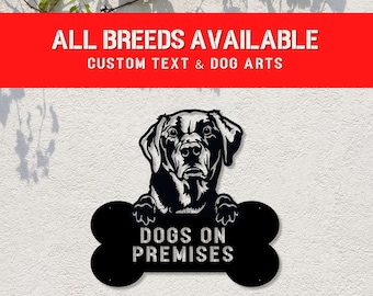 Custom Dog Breed Metal Sign – Dogs on Premises Warning Sign, Personalized Guard Doggie Gate Sign, Outdoor Yard Fence Decor