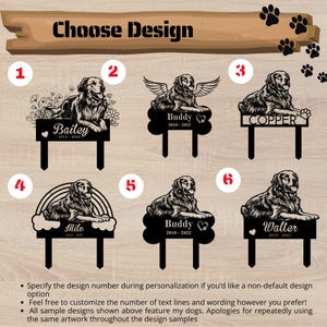 May include: Black metal garden stakes with dog silhouettes. Each stake features a different design, including names like Bailey, Buddy, Copper, Milo, and Walter, with dates. The text "Choose Design" is at the top.