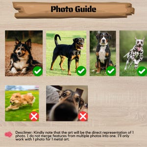 May include: A wooden sign with the words "Photo Guide" in a brown font. The sign is above six dog photos, three with green checkmarks and three with red X's. The disclaimer text below states the art will be a direct representation of one photo.