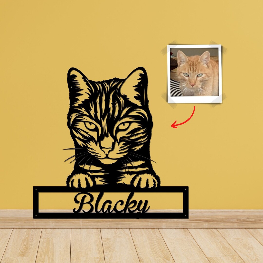 View of Cat Metal Sign, Custom Cat Name Photo Silhouette, Cat Face Wall Art ...