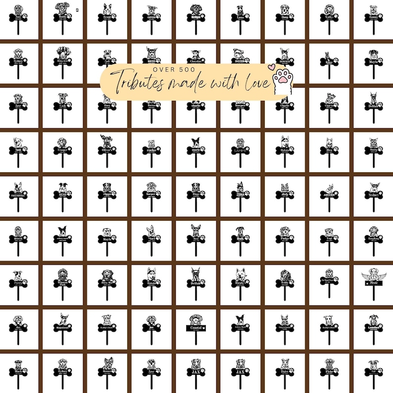 May include: A grid of black dog-themed cake toppers, each featuring a different breed and a bone-shaped base. The toppers have a sign with a name. The image includes the text "Over 500 Tributes made with Love" and a paw print.