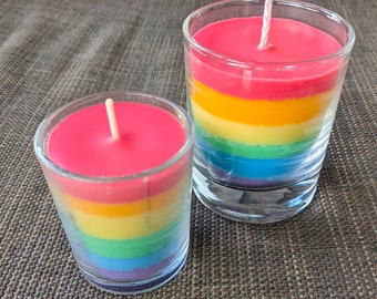 Regenbogenkerzen im Glas aus reinem Rapswachs - vegan