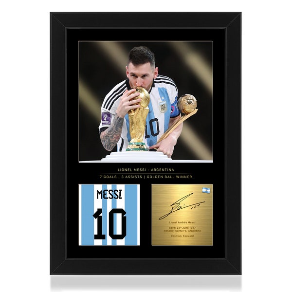 Cadeau encadré Lionel Messi, vainqueur de la Coupe du monde du Qatar 2022, avec signature numérique reproduite