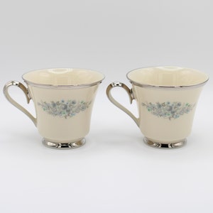 May include: Two ivory teacups with silver trim and a floral design. The cups have a delicate floral pattern in shades of blue and green.