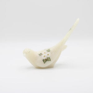 Vintage Fenton Satin Bird of Happiness, Hand Painted Flowers on Custard Glass, Signed