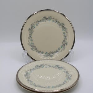 May include: Two off-white ceramic plates with a floral design in blue and gray, and a silver rim. The plates are displayed on a clear stand against a white background. The floral pattern encircles the plate's edge.