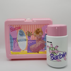 Vintage 1990 Mattel, Inc. Pink Holographic Barbie Thermos and Lunchbox