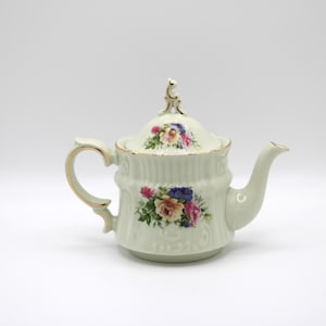 Small Vintage Porcelain Teapot with Floral Rose Pattern and Gold Colored Accents