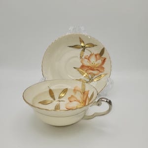 Vintage Shofu China Ivory Tea Cup and Saucer with Hand Painted Orange Lily and Gold Colored Leaves