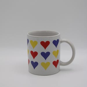 Vintage Retro Blue, Yellow, & Red Heart Ceramic Mug