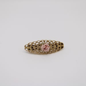 Vintage Porcelain Pink Rose Gold-Tone metal Hair Barrette, Made in France