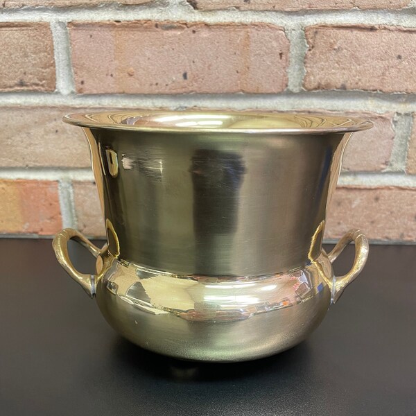 Vintage Brass Indoor Planter Pot Wide Mouthed Vase Farmhouse Shelf Decor Boho Design Handles / Button Feet Cauldron Style Made in India