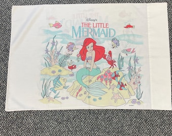 Vintage 80's Disney Little Mermaid Pillow Case Double Sided Artwork Features Ariel and Sebastian on White Fabric Fits Standard Bed Pillow
