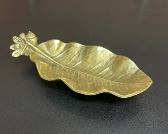 Vintage Brass Lemon Leaf Footed Trinket Dish by Virginia Metal Crafters dated 1959 with Maker's Mark on Bottom Ring Dish