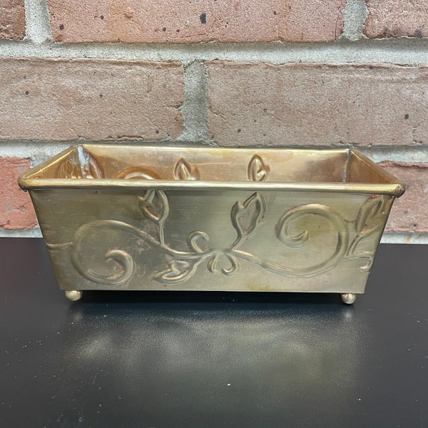 Vintage Hosley Rectangular Shaped Brass Indoor Planter with Four Bun Feet Floral Embossed Brass Decorative Storage Pot Shelf or Table Decor
