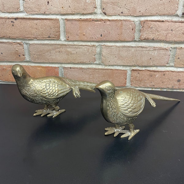 Vintage Pair Brass Pheasants Mid Century Large Brass Figurines Farmhouse Shelf or Mantle Decor MCM Table Centerpiece