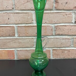 Vintage Empoli Emerald Green Art Glass Ewer Vase with Ruffled Edge Unmarked Excellent Condition Mid Century Collector&#39;s Glass Shelf Decor