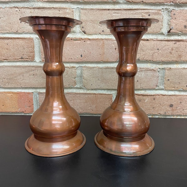 Vintage Large Copper Candle Holders fits Tapers or  2 - 3 Inch Pillar candles Smooth Mid Century Design Great for a Mantle Set of 2