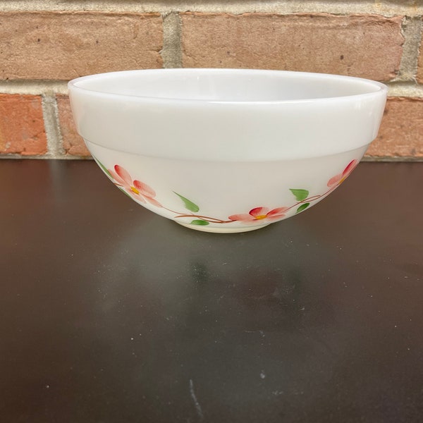 Vintage Fire King Medium Mixing Bowl with Pink Flowers Gay Fad Peach Blossom Hand Painted Kitchenware Retro Farmhouse Cottage Kitchen