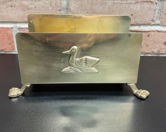 Vintage Brass Letter Holder or Napkin Holder with a 3 Dimensional Duck on the side and Raised on 4 Webbed Feet Solid Brass made in Taiwan