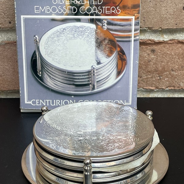 Vintage Silver Plate Etched Drink Coasters & Stand Silver Metal Barware or Table Set of 6 Coasters and a Decorative Stand to Store Them On