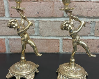 Vintage Brass Whimsical Dancing Child Candle Stick Holders Set of 2 Ornate French Italianate Mantle Decor Victorian Era Design