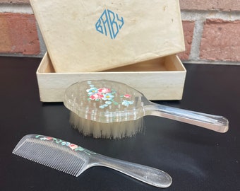 Vintage Baby Brush and Comb Set in Original Box Clear Acrylic with Painted Flowers in Pink, Green, and Blue pastel colors