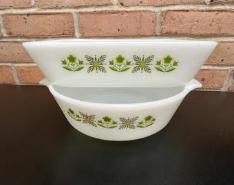 Set of 2 Vintage Anchor Hocking Fire King Casserole Meadow Green Pattern One Circa 60's Round 1 1/2 QT and One Circa 70's Rectangular 1 QT