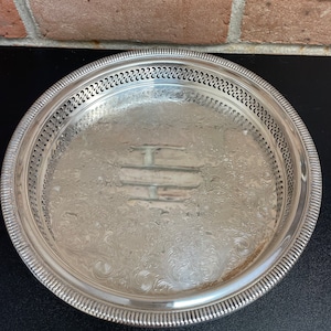 Vintage Silver Tray - Gallery Tray Ornate Etched and Pierced Design - Silver Plate Serving or Vanity Tray by WM. Rogers 9.5 inch Diameter