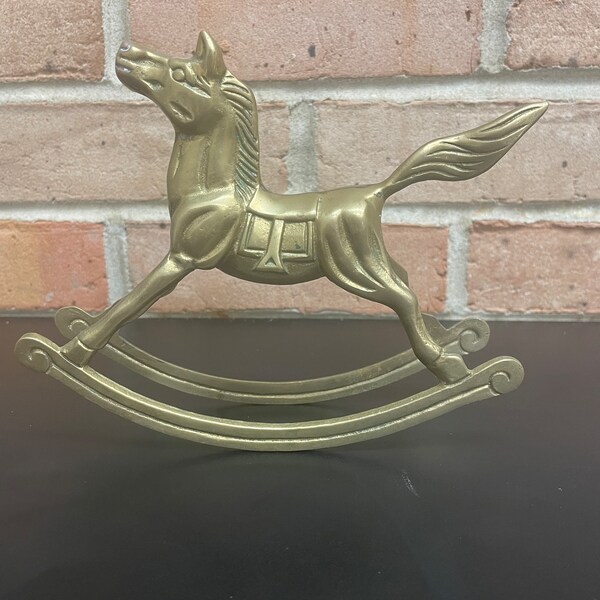Vintage Brass Rocking Horse Farmhouse Nursery Decor Heavy Solid Brass Shelf or Tabletop Display Great Baby Gift or Shower Decoration